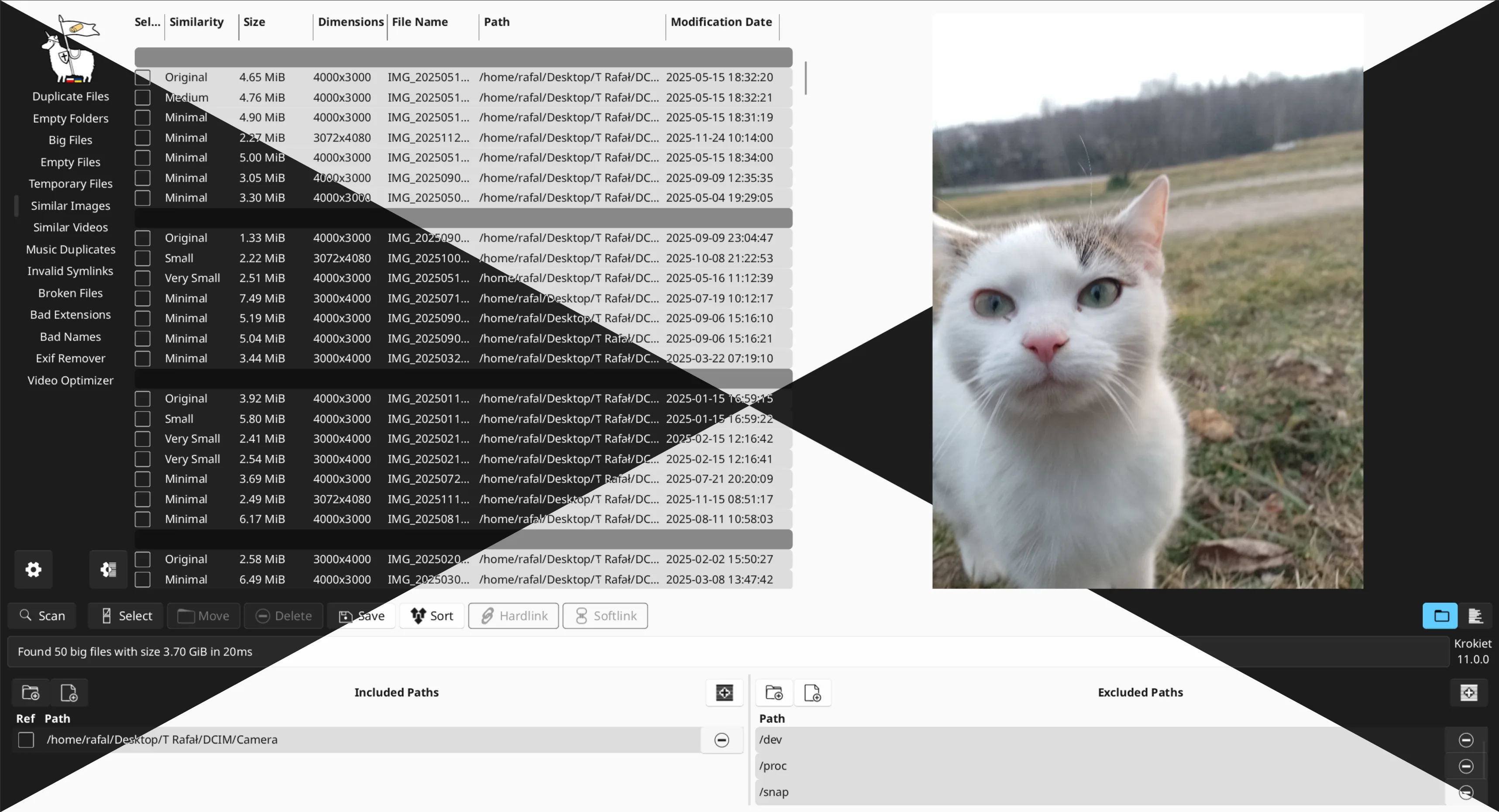 Krokiet similar-images mode in the duplicate file finder, listing near-match photos with a large preview of the selected file.